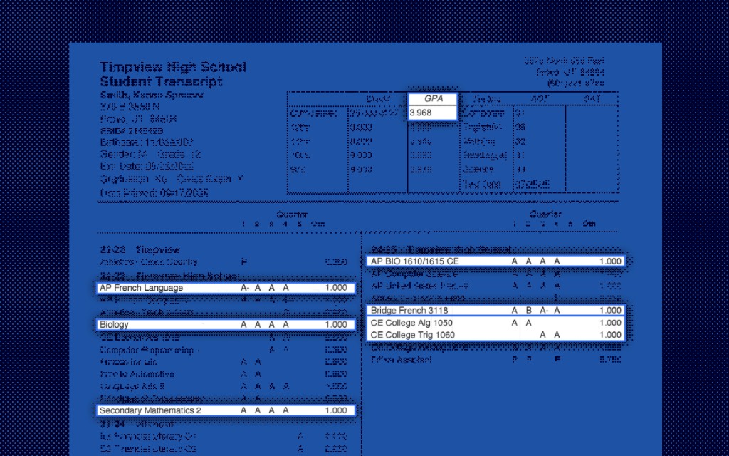 Student transcript with highlighted GPA, courses, grades, and credits extracted by AI